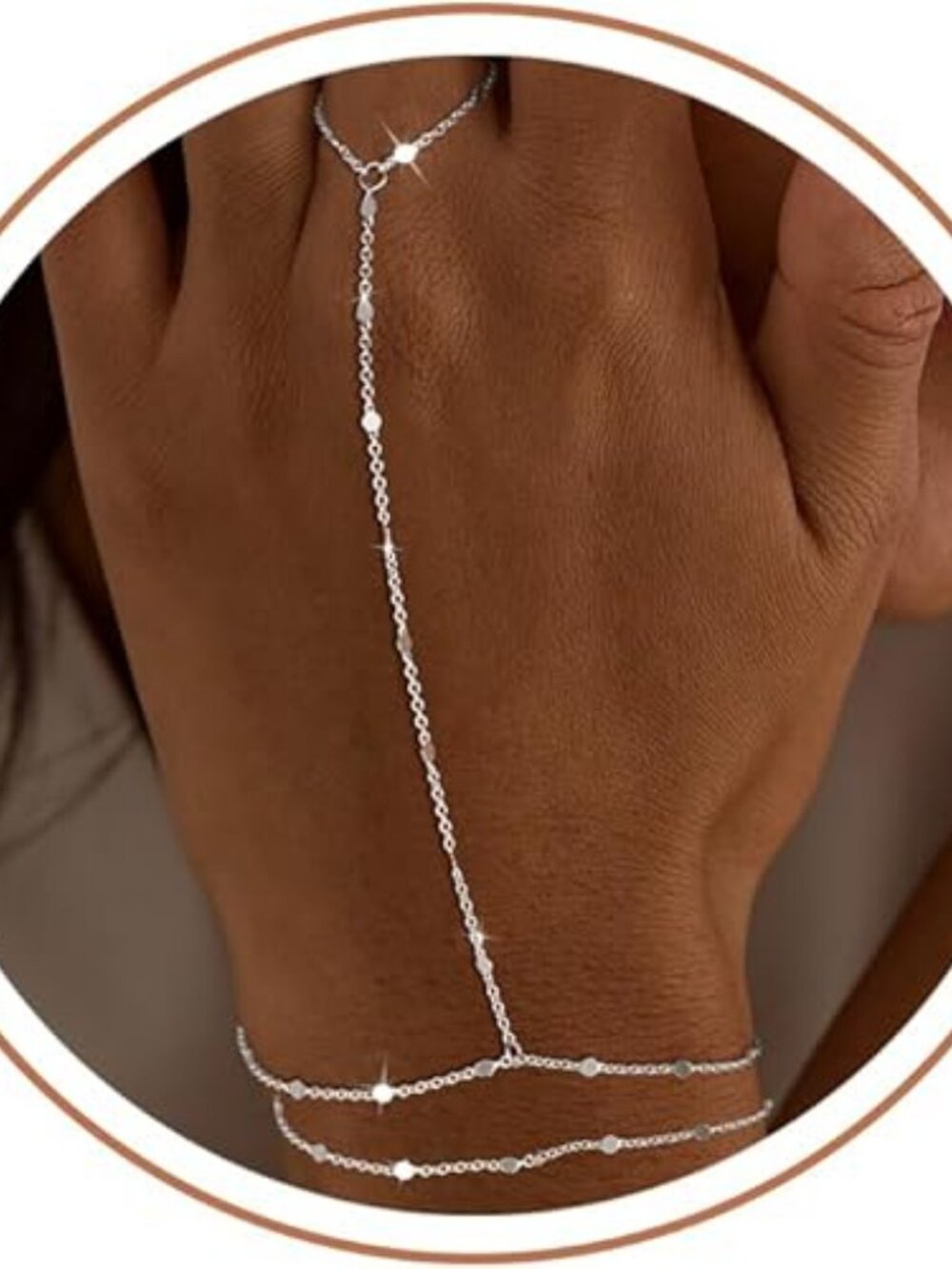 Silver Hand Chain Bracelet CZ Satellite Bead Paperclip Adjustable Non-Tarnish